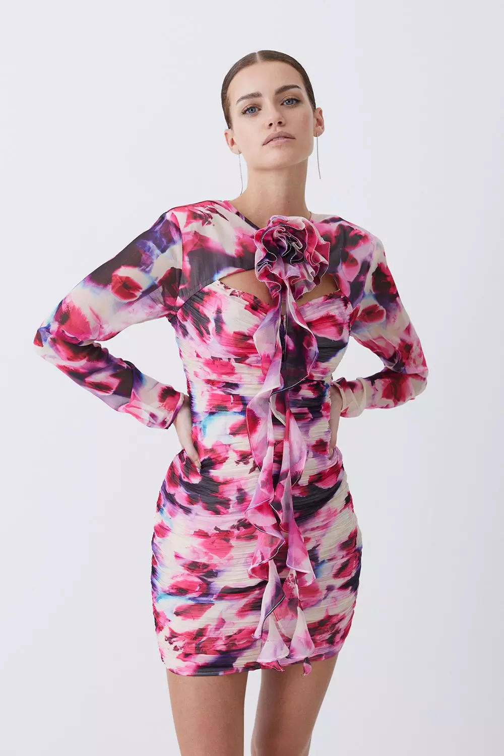 Floral ruched chiffon faux wrap outlet dress