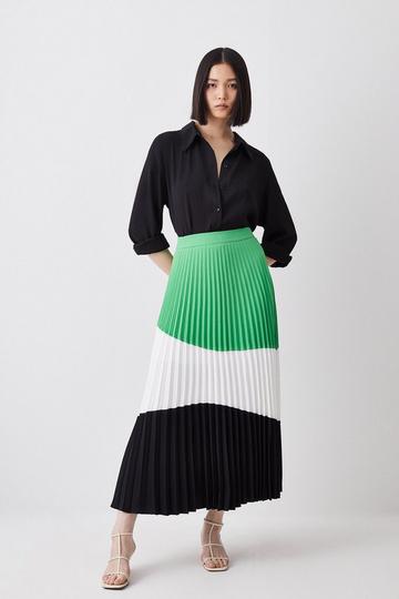 Green Tall Colour Block Pleated Woven Skirt