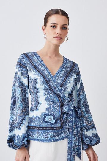 Petite Scarf Printed Hammered Satin Woven Wrap Top blue