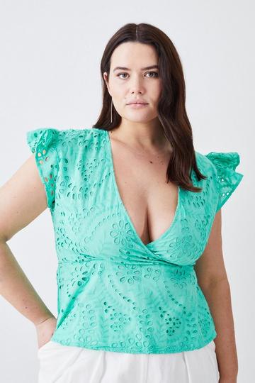 Green Plus Size Cotton Broderie Ruffle Sleeve Top