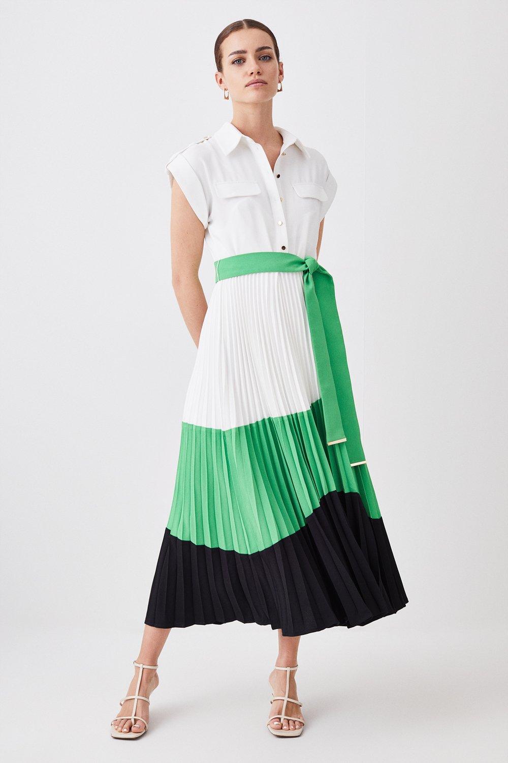 Petite Color Block Pleated Woven Midi Shirt Dress | Karen Millen