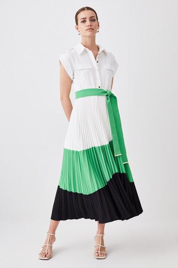 Green Petite Color Block Pleated Woven Midi Shirt Dress