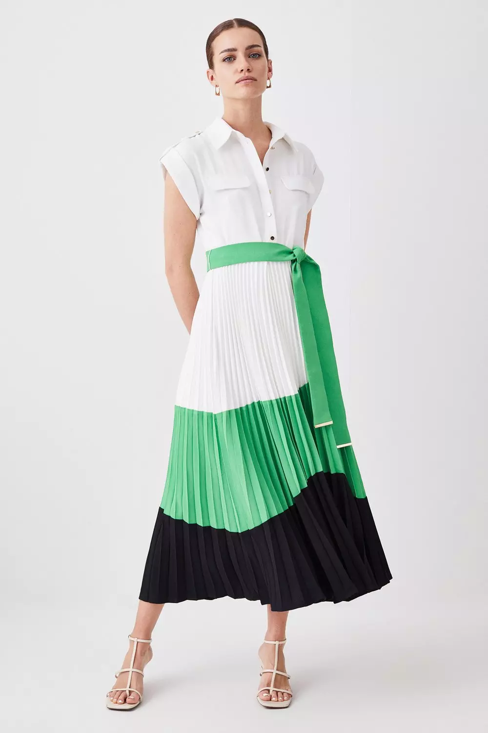 Petite Color Block Pleated Woven Midi Shirt Dress Karen Millen