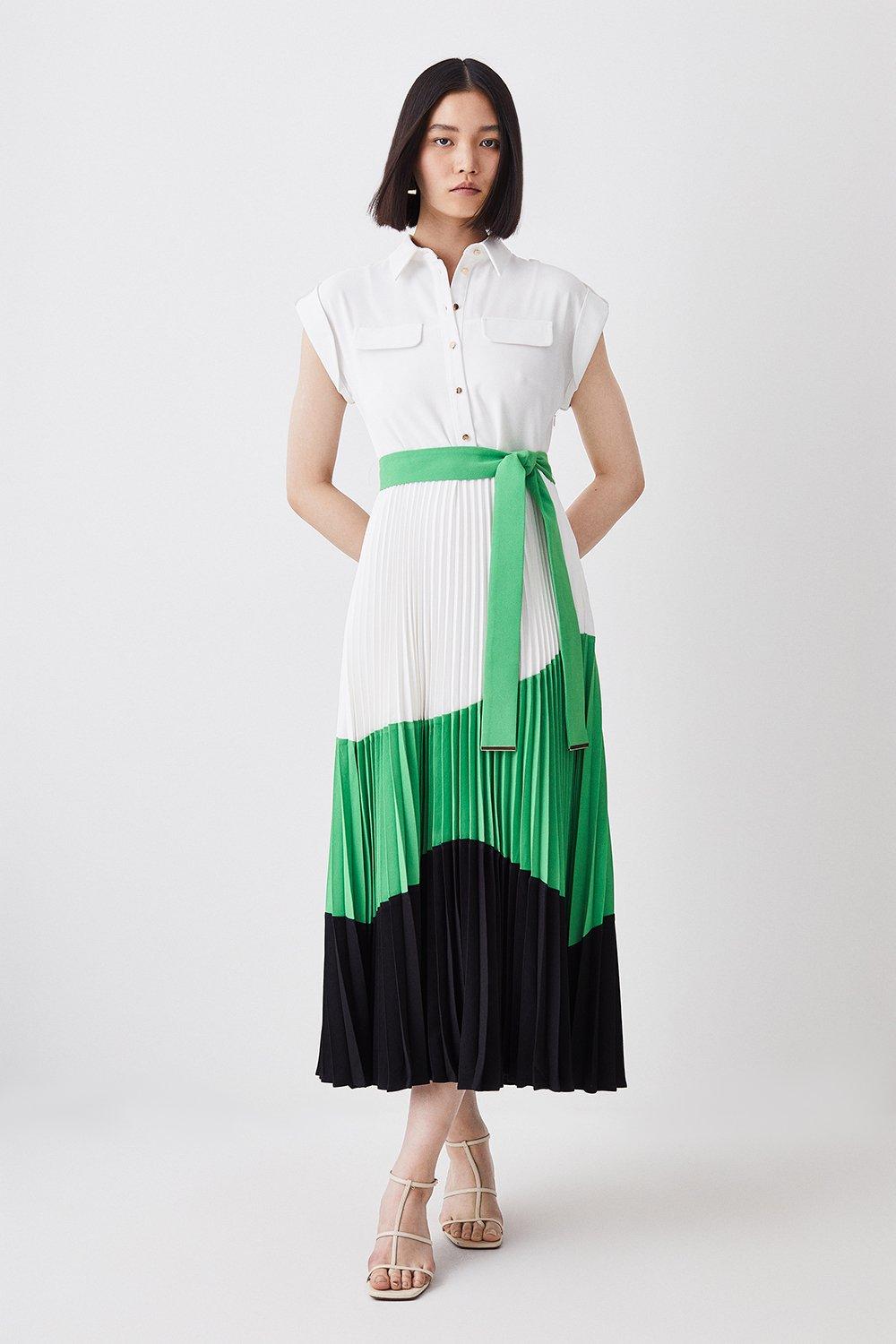 Color Block Pleated Woven Midi Shirt Dress | Karen Millen