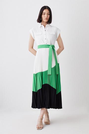Green Colour Block Pleated Woven Midi Shirt Dress