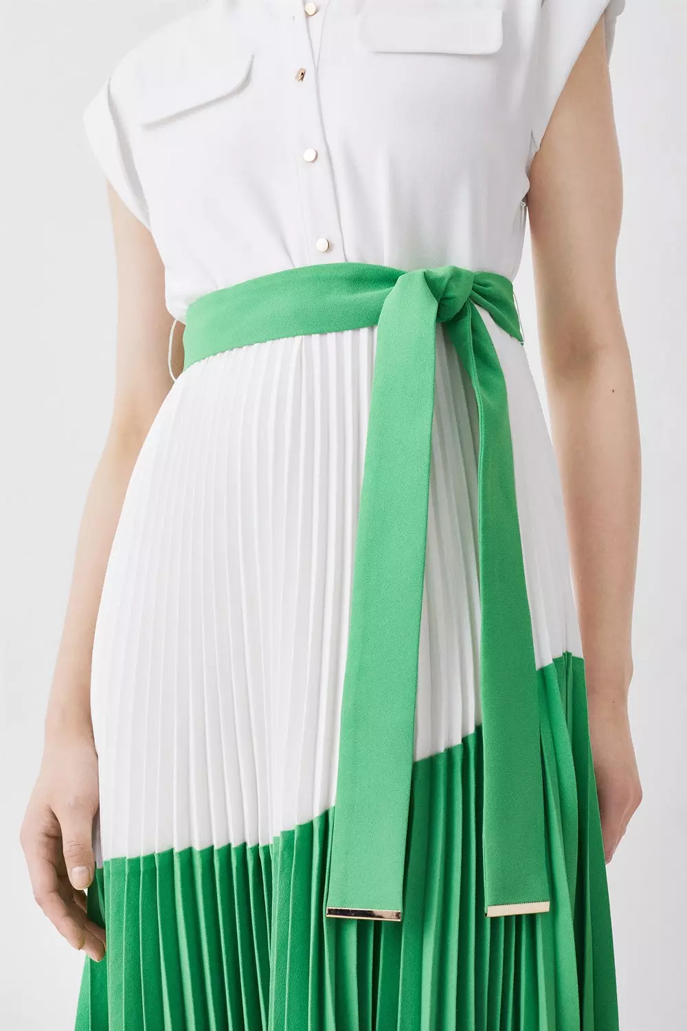 Color Block Pleated Woven Midi Shirt Dress | Karen Millen