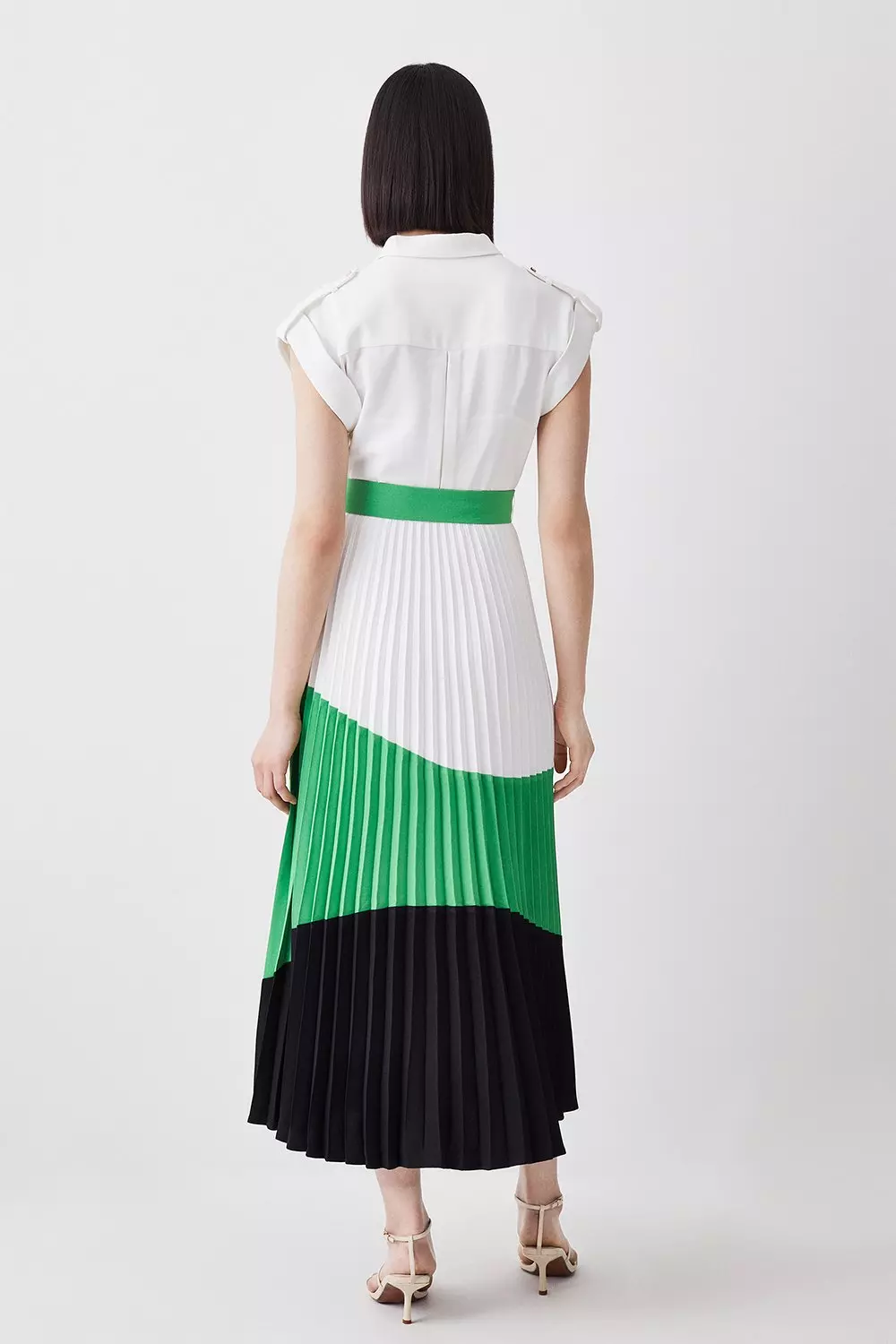 Color Block Pleated Woven Midi Shirt Dress