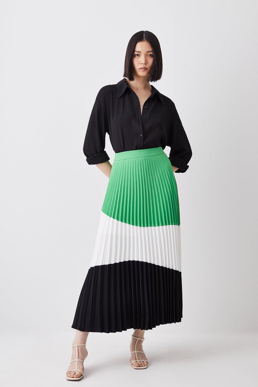 Color Block Pleated Woven Skirt | Karen Millen