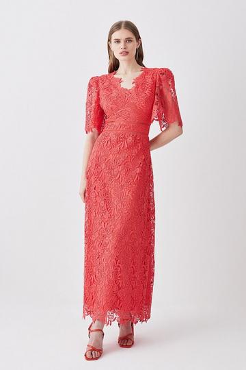 Guipure Lace Flute Sleeved Woven Maxi Dress coral