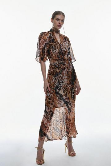 Animal Multi Metallic Viscose Georgette Angel Sleeve Woven Midi Dress