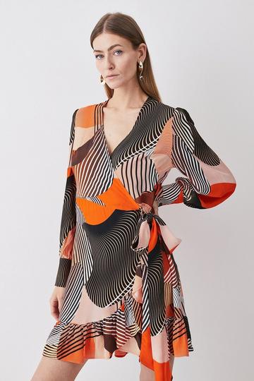 Orange Spliced Geo Mini Wrap Dress