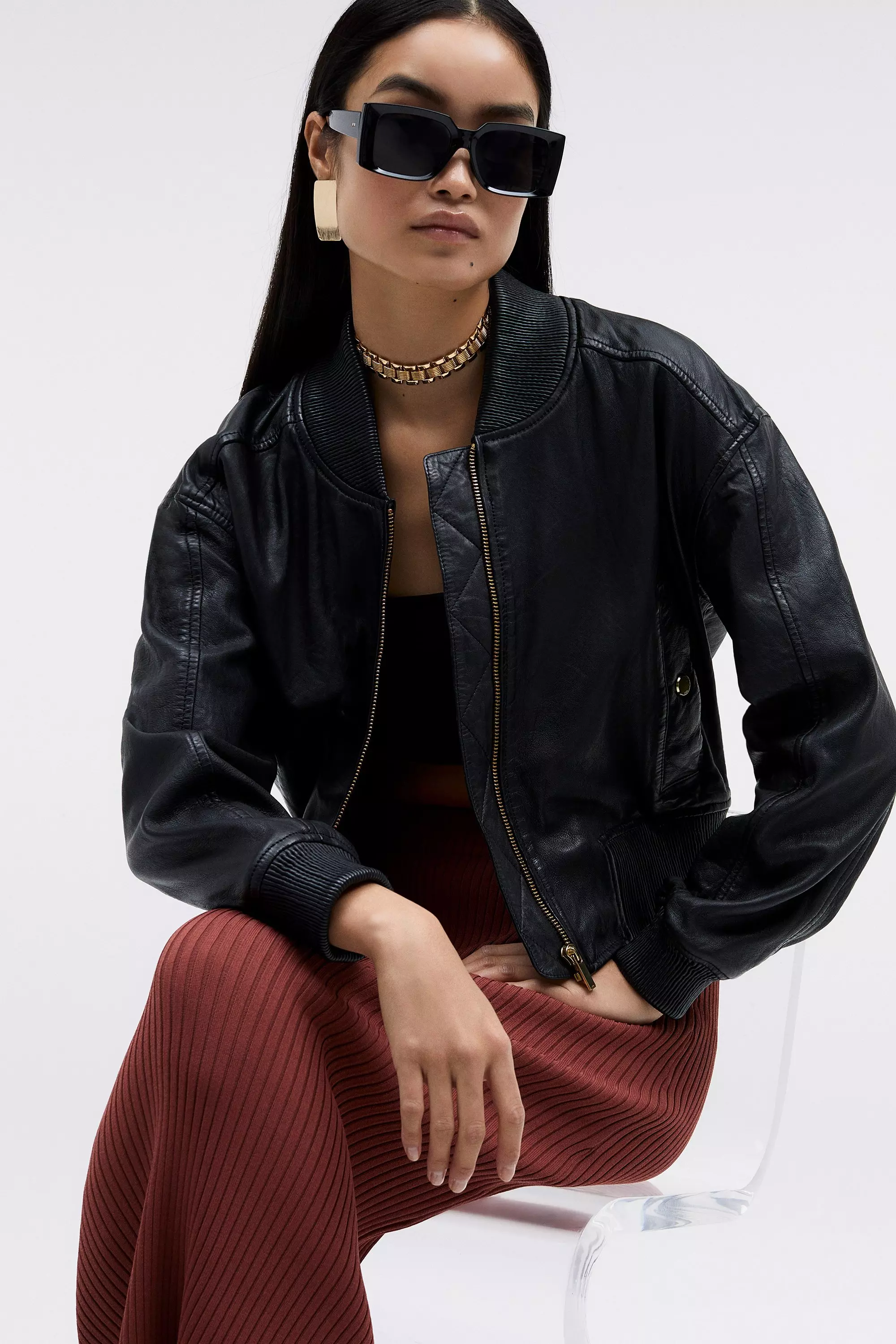 Washed Leather Zip Back Bomber Jacket | Karen Millen