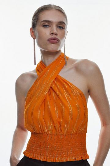 Orange Metallic Thread Halter Neck Woven Top
