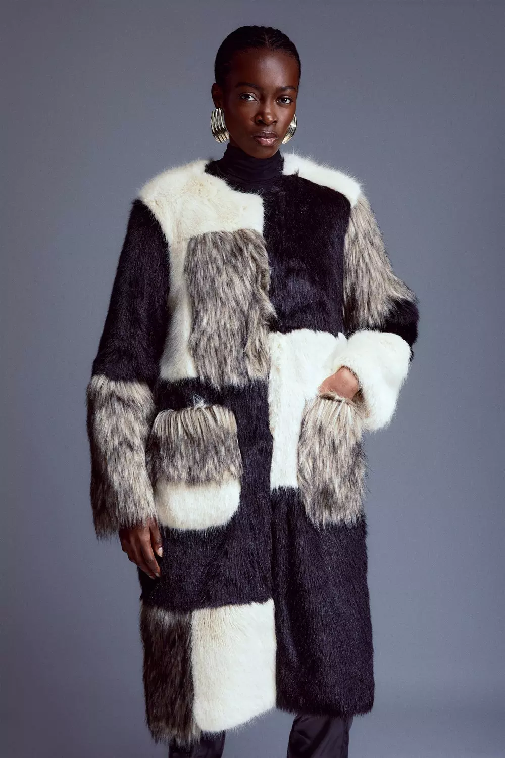 Faux Fur Patchwork Contrast Coat Karen Millen