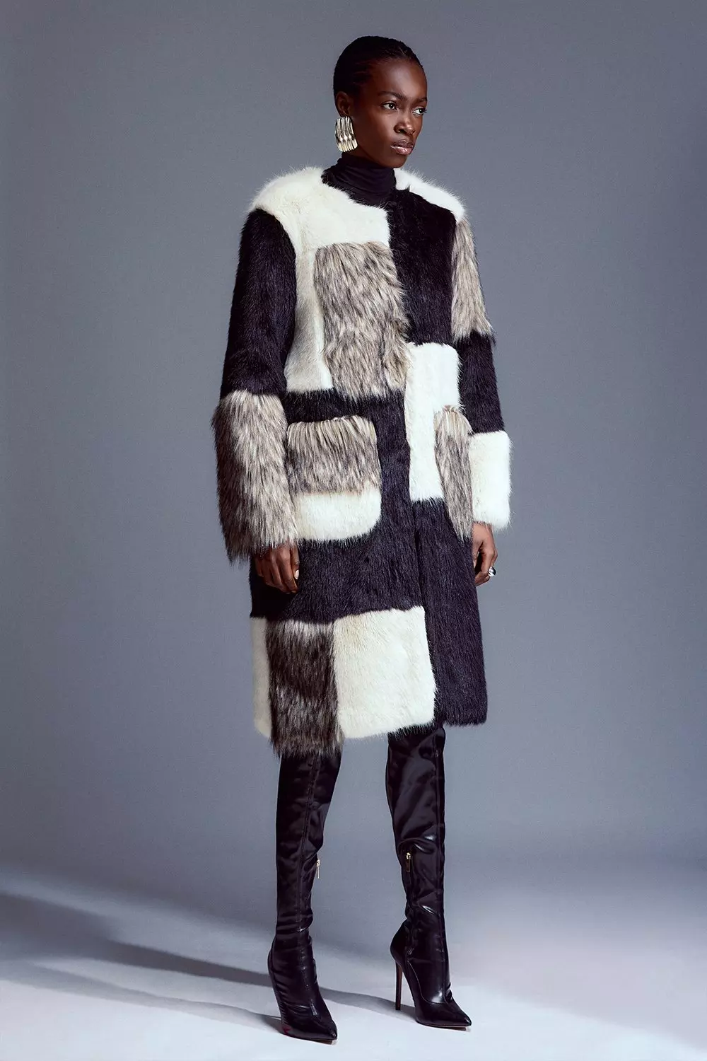 KAREN MILLEN Petite Faux Fur Patchwork Contrast Coat in Multi