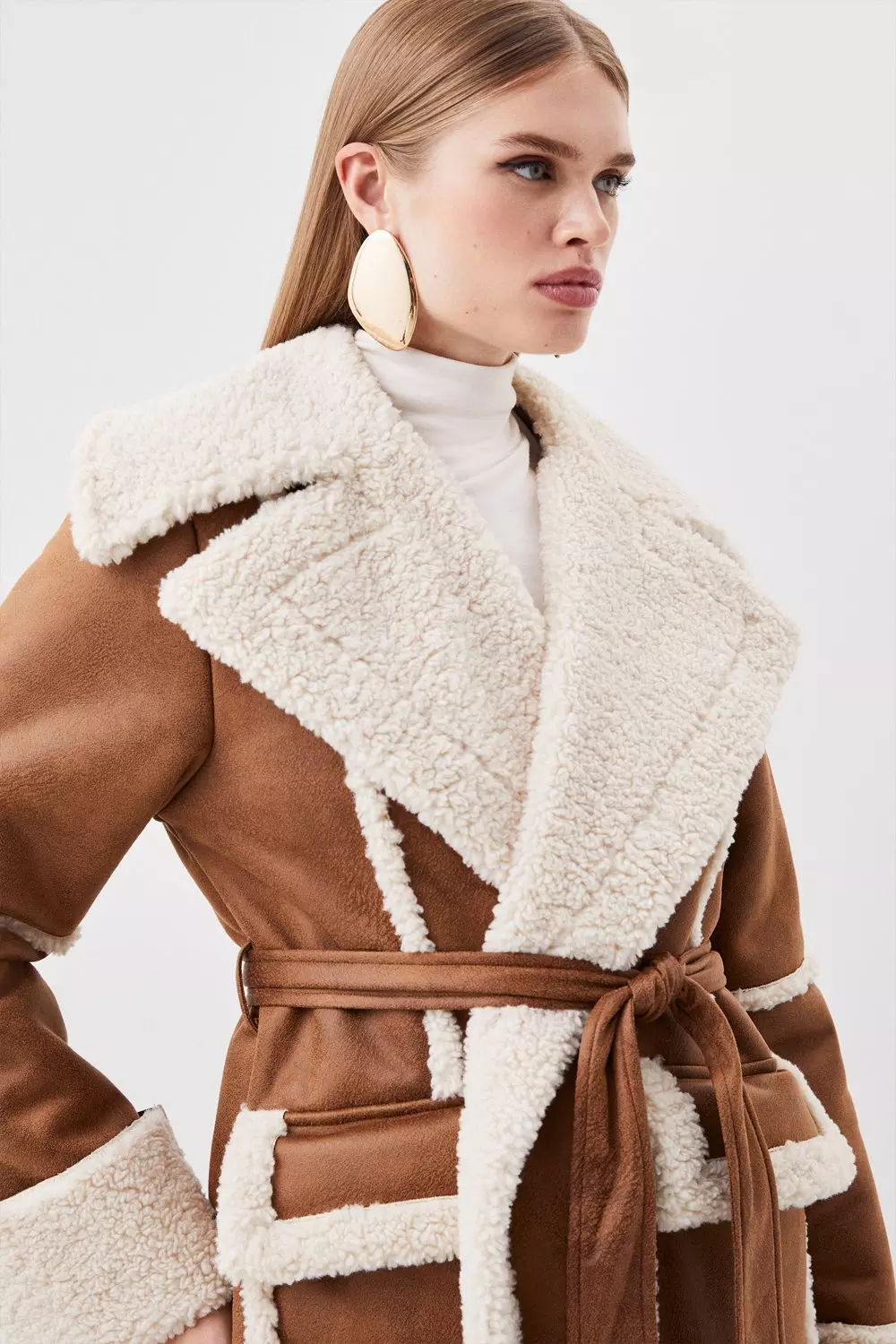 Faux Shearling Contrast Cuff And Collar Wrap Midi Coat | Karen Millen