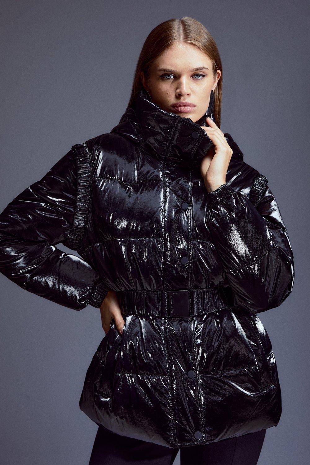 Black high shine puffer outlet jacket with fur hood