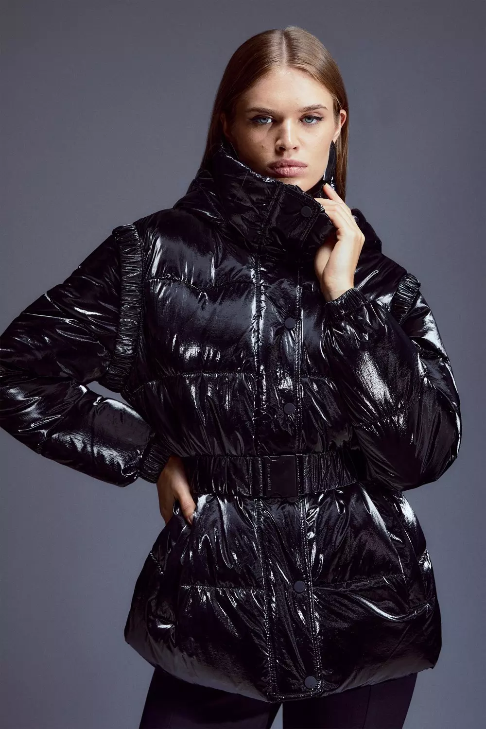 High shine puffer jacket with 2024 fur hood