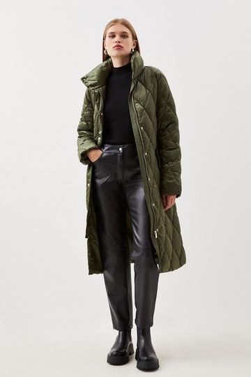 Khaki Diamond Quilted Puffer Longline Belted Coat