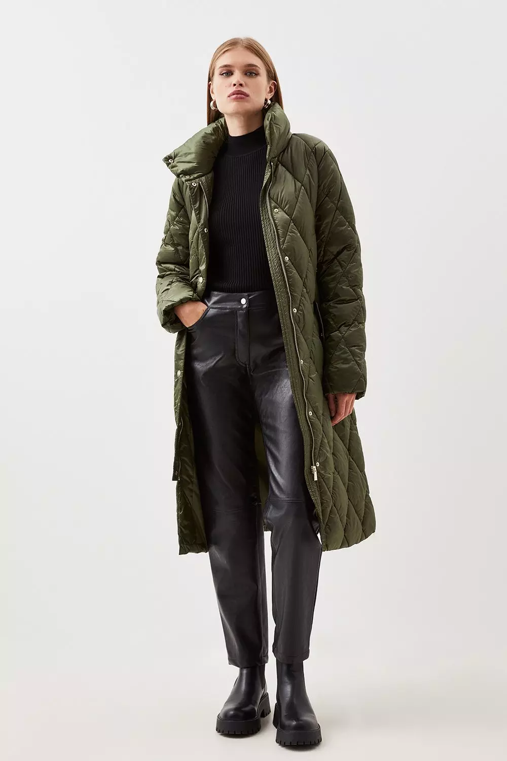 Diamond Quilted Puffer Longline Belted Coat | Karen Millen