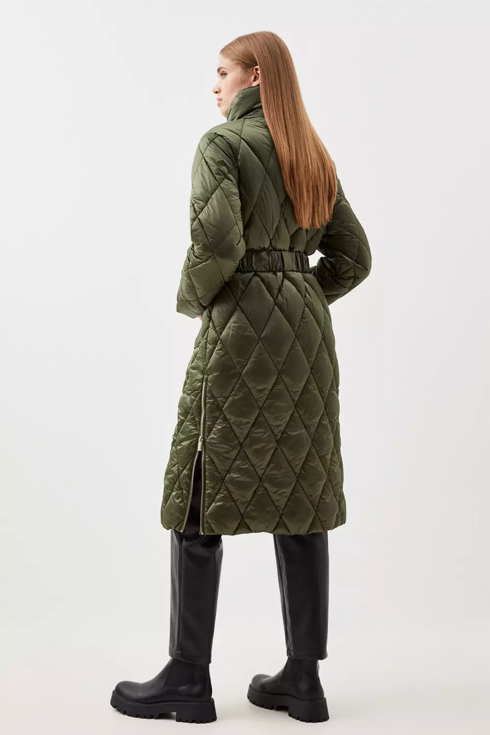 Diamond Quilted Puffer Longline Belted Coat