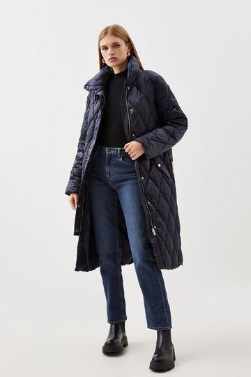 Diamond Quilted Puffer Longline Belted Coat navy