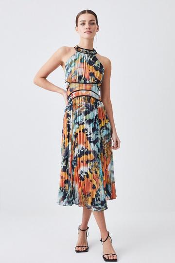 Petite Abstract Butterfly Pleated Maxi Dress multi