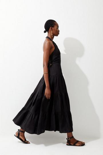 Black Viscose Linen Halterneck Tiered Maxi Dress