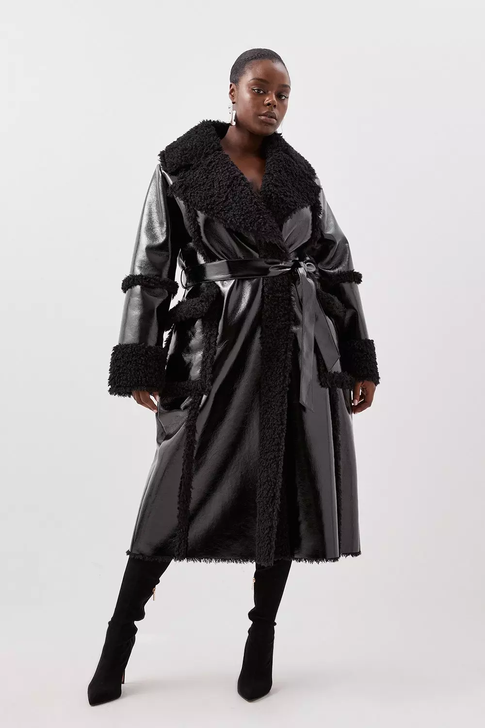 Plus Size Contrast Cuff And Collar Vinyl Belted Long Coat