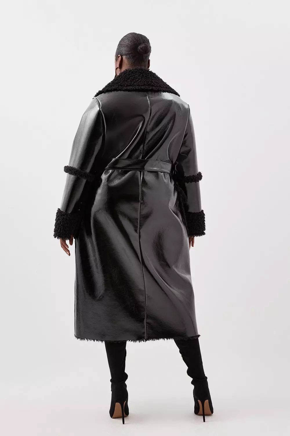 Plus Size Contrast Cuff And Collar Vinyl Belted Long Coat | Karen