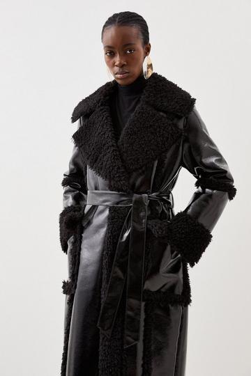 Petite Contrast Cuff And Collar Vinyl Belted Long Coat black