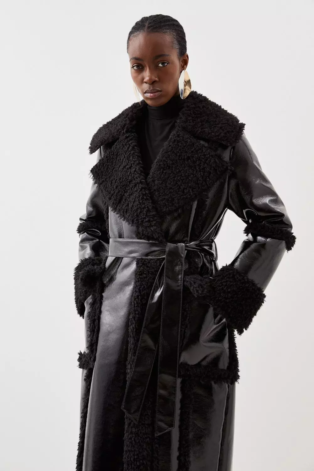 Petite Contrast Cuff And Collar Vinyl Belted Long Coat