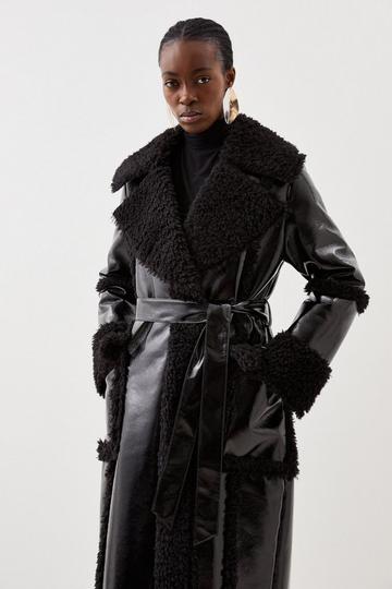 Black Contrast Cuff And Collar Vinyl Belted Long Coat