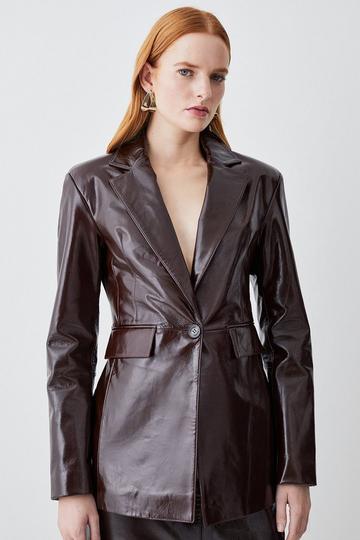 Patent Leather Strong Shoulder Tailored Blazer chocolate