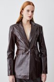 Chocolate Patent Leather Strong Shoulder Tailored Blazer 