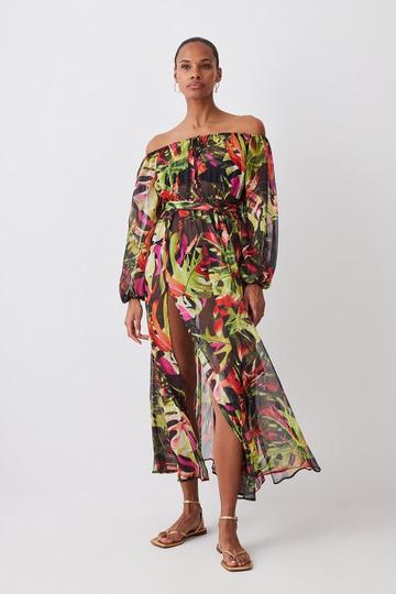 Floral Palm Crinkle Bardot Belted Woven Beach Maxi Dress multi