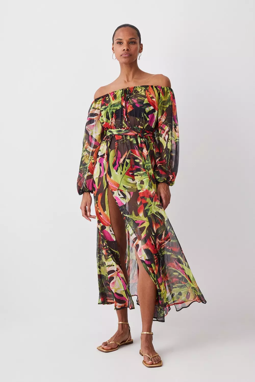 Floral Palm Crinkle Off The Shoulder Belted Woven Beach Maxi