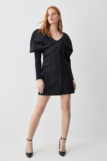 Italian Wool Satin Statement Shoulder Tailored Mini Dress black