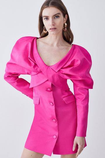 Pink Italian Wool Satin Statement Shoulder Tailored Mini Dress