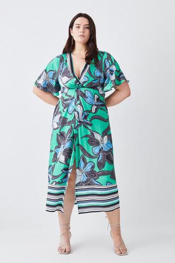 Green Plus Size Batik Floral Hammered Satin Twist Midi Dress