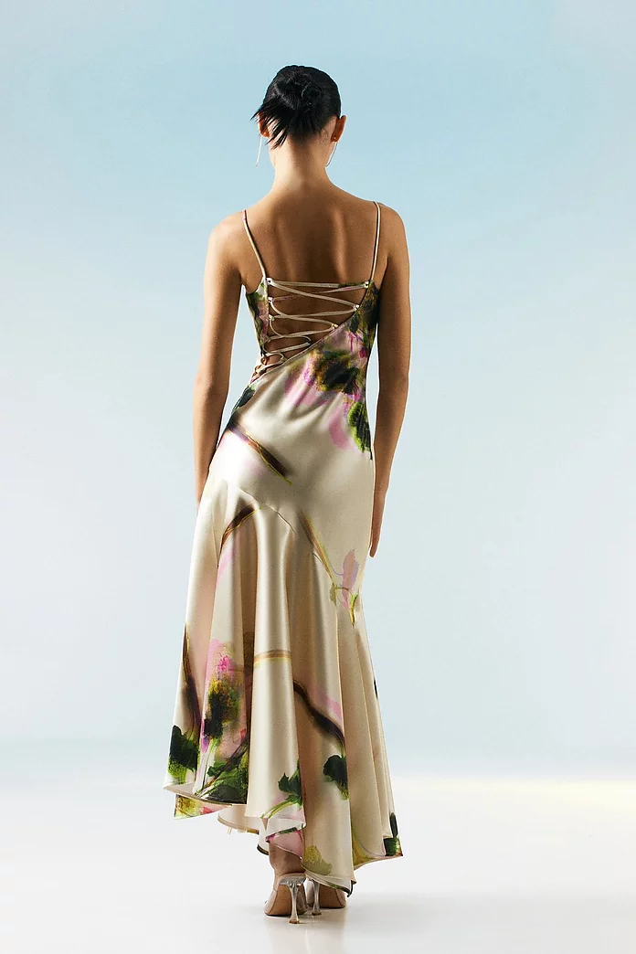 Ooto London Floral Satin Strappy Lace Up Maxi Dress | Karen Millen
