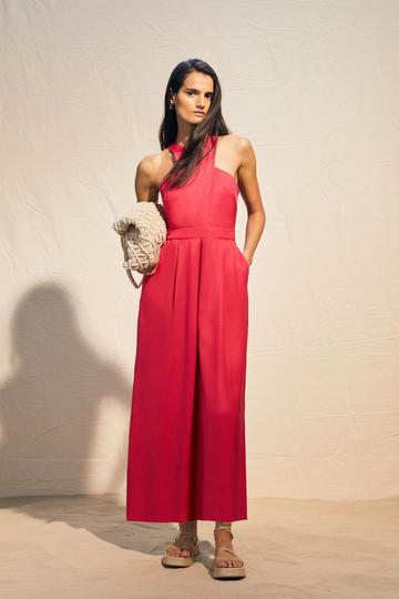 Tall Premium Linen Viscose Belted Halter Woven Jumpsuit hot pink