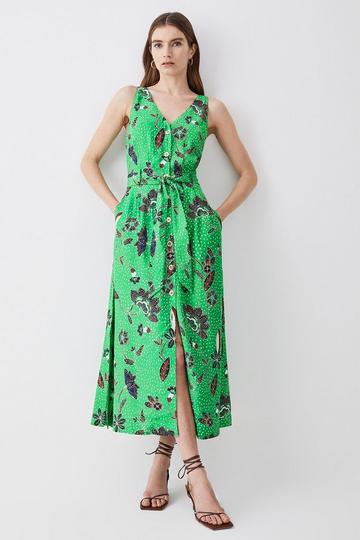 Green Batik Print Belted Premium Linen Viscose Woven Midi Dress