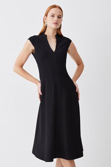 Structured Crepe Seam Detail High Neck Full Skirt Midi Dress black