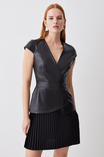 Black Leather Pleat Skirt Mini Dress