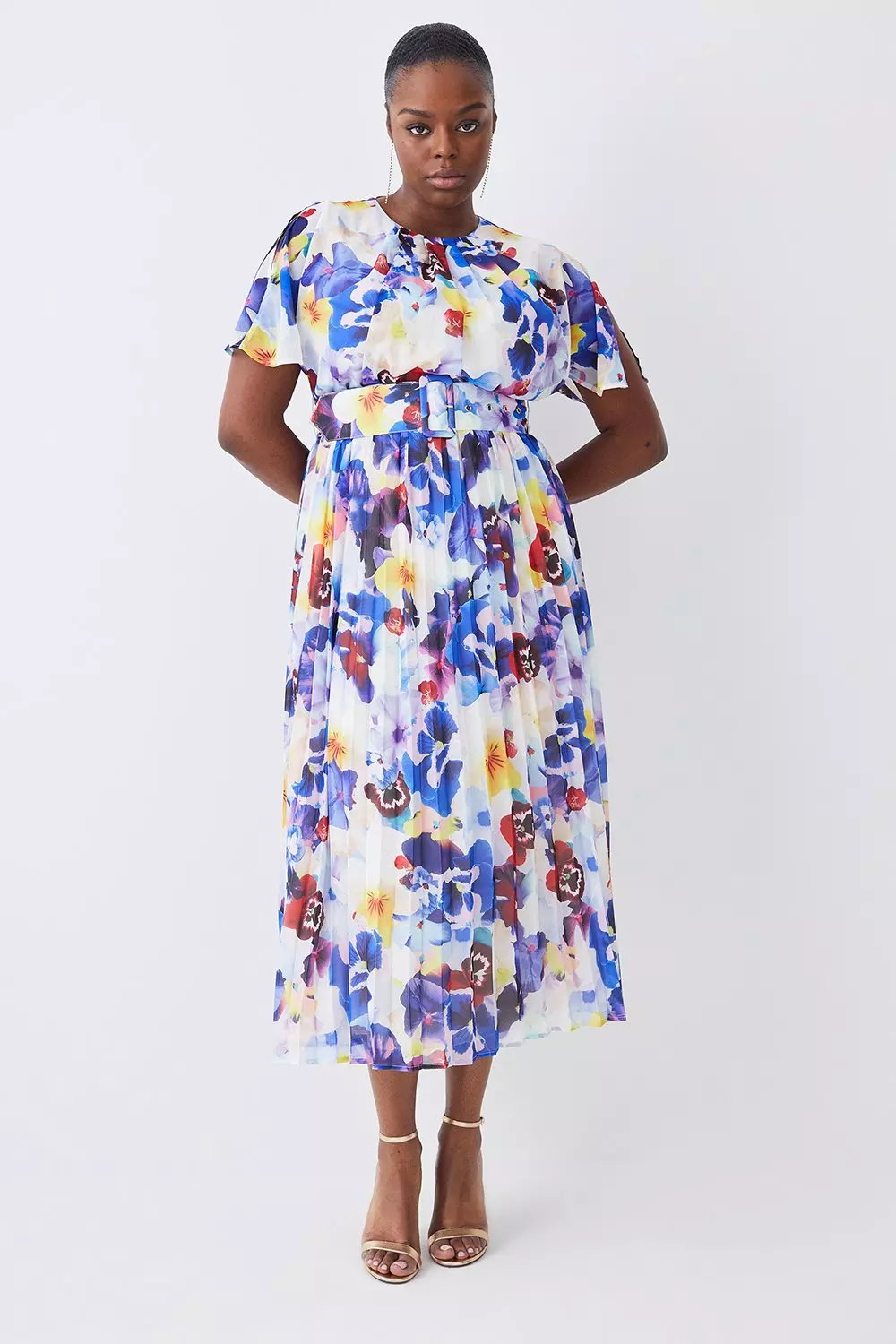 Plus Size Floral Georgette Pleated Belted Woven Midi Dress | Karen