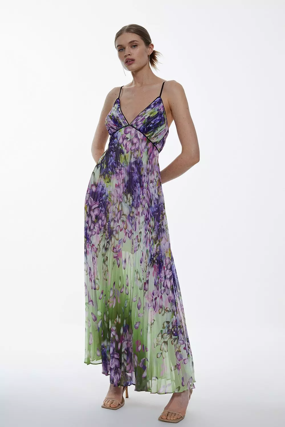 Cascading Floral Strappy Pleated Maxi Dress