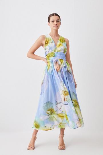 Petite Photographic Floral Sleeveless Silk Cotton Midi Dress blue