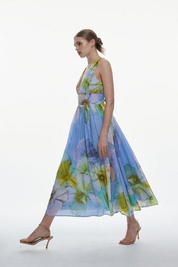 Photographic Floral Sleeveless Silk Cotton Midi Dress blue