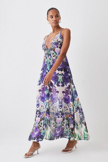 Mirrored Floral Embellished Strappy Beach Maxi Dress multi